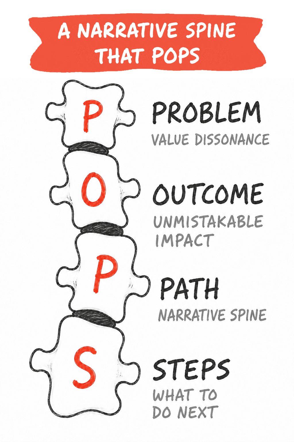 Hand drawn sketch titled A Narrative That POPS. Four vertebrae stacked into a spine, each carrying a coral letter: P for Problem, Value Dissonance™; O for Outcome, Unmistakable Impact; P for Path, Narrative Spine; and S for Steps, What To Do Next.