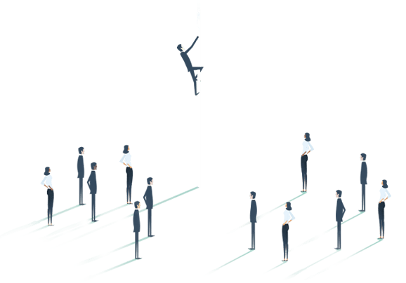 Illustration of a person climbing up a pole while others take note