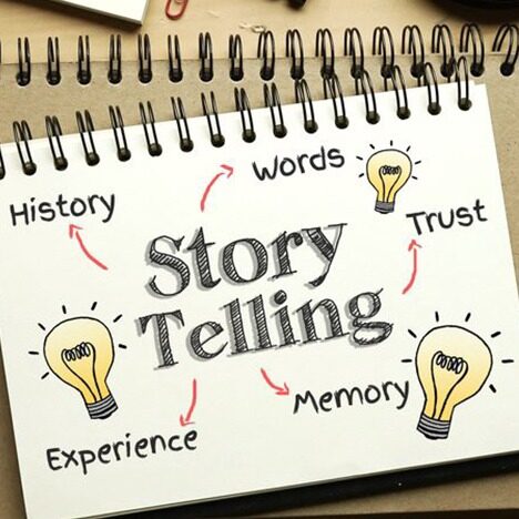 Diagram of Storytelling with outward arrows pointing to Trust, Memory, Words, History, Experience
